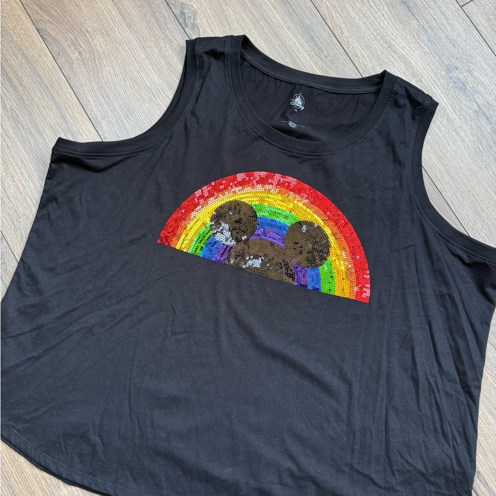 Disney Black and Red Tank Top with Cartoon Rainbow Design